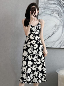 Summer Chinese Style Spicy Girl Midi Dress Womens Strap V-neck High Waist Print A-line Gown Sleeveless Fashionable Slimming