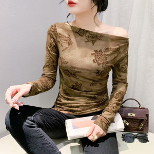 REHIN เสื้อยืดสตรีเปิดไหล่แขนยาวแบบพอดีตัวเข้ารูปใหม่2024ฤดูใบไม้ร่วง