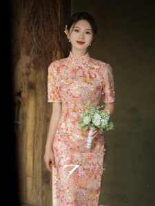 New 2026 Wedding Cheongsam Qipao Short Sleeve mid Waist Customizable Chinese Style Bridal Gown for Small Figures