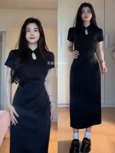 Black Short-Sleeved Womens Qipao Dress Waist-Cinching Maxi Summer Retro Style A-Line Gown High Waist Button Detailing