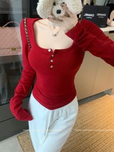 Slim Fit Long Sleeve Square Collar Base Shirt Womens Fashionable Red Color Elastic Tight Inner Wear Top Ladylike Style