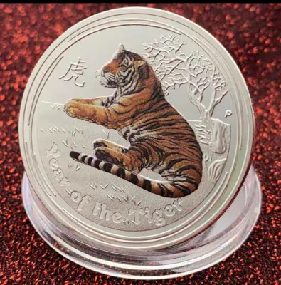 澳大利亚十二生肖猴兔生肖镀银彩绘纪念币 收藏工艺硬币虎纪念章