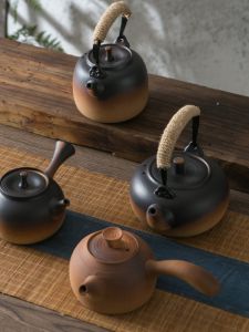 Retro Chinese Ceramic Tea Kettle with Hemp Rope Handle Electric Ceramics Stove Water Boiler Traditional Clay Pot for Brewing Tea
