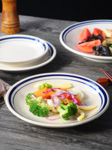 Retro Ceramic Plate Thick Earthenware Restaurant Special Hot Pot Dining Utensils Double Line Flat Plate Home Commercial Use