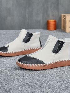 รองเท้าหนังแท้ทำมือสำหรับผู้ชาย ฤดูใบไม้ผลิและฤดูใบไม้ร่วง รองเท้าลำลองสวมใส่สบาย ส้นเตี้ย ส้นสูง รองเท้าบู๊ตส้นสูงสำหรับผู้ชาย