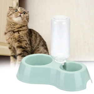 Teekland Pet Double Bowl with Water Storage Bottle 500ml Dual-use Food Bowl for Eating and Drinking Dog Bowl Cat Bowl Automatic Water Dispenser