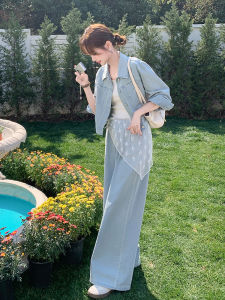 Blue Vintage High-End Denim Set Womens Spring 2025 New Style Popular Outerwear Wide Leg Pants Two-Piece Suit Fashionable