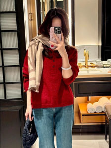 Red Knitted Sweater Half Open Button Design New Year Lucky Year Womens Early Autumn Top Fashionable Korean Style Loose Fit