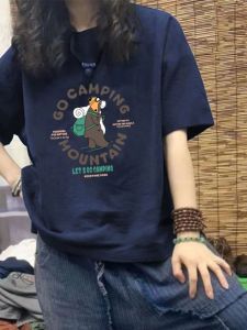 plus Size Womens Cotton T-Shirt Short Sleeve Loose Fit Slimming Pure Blue Fashionable Top Korean Style round Neck Commute Wear