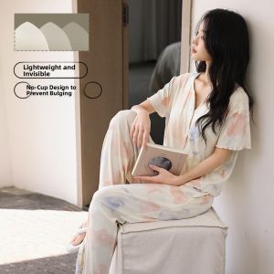 miiow | Womens Summer Lightweight Short Sleeve Pajamas Set Striped Home Clothes Can Be Worn Outside Round Neck Button Front Closure