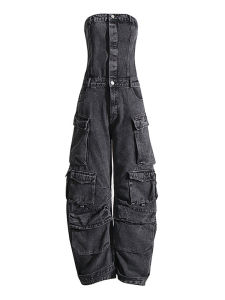 Street Hipster Army Green Camouflage Print Tube Top Jumpsuit Waist-Tight Slim Looking Wide-Leg Overalls Straight-Leg Trousers Women