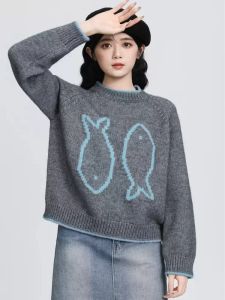 Gray Thickened round Neck Sweater Womens Loose Knitted Top Spring Autumn New Style Soft And Cozy Overhead Korean Style Long Sleeve