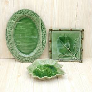 จานเซรามิค จานทรงใบไม้ จานเหลี่ยมทรงรี สีเขียวหยก เนื้อหนา มี 3 แบบ จานทรงใบไม้ 8x8 นิ้ว จานเหลี่ยม 7.8 นิ้ว และ จานทรงรี 9.25x12.5 นิ้ว
