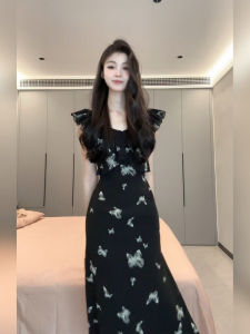 Xzy/Xin Zhengyan Plus Size Ladies Retro Butterfly Print Flying Sleeves Dress Womens Summer Waist-Tight Skimming Small Black Dress