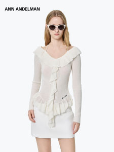 ANN ANDELMAN | Off-Shoulder Ruffled Slim Fitted Long Sleeve Lightweight Knit Sweater