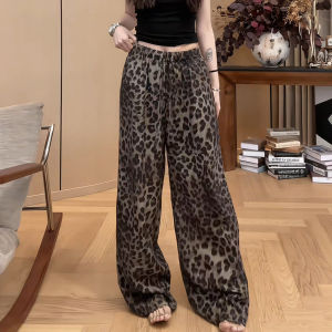 XIANGHOUMINCHU | Cafe Leopard Print Wide-leg Slim Fit Casual Ice Silk Trousers