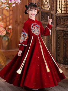 Girls Fleece Lined Dress Chinese New Year Visiting Dress Autumn Winter Middle Large Childrens Clothing Polyester Fiber A-Line Skirt