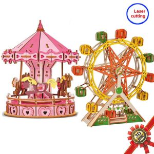 3D Wooden Puzzle Model Assembly Childrens Educational Brain Teaser Toy Lucky Ferris Wheel Rotating Merry-Go-Round