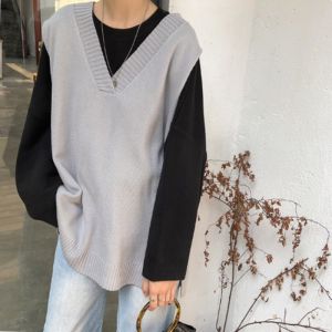 V Neck Vest Jacket Womens Autumn and Winter Clothing South Korea Retro Mid Length Long Length Sleeveless Knitwear Outwear Loose-Fitting Comfortable Sweater