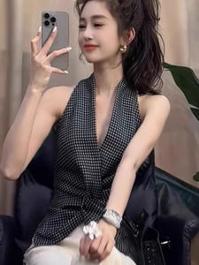 chaqi | French Style Plaid Knot Neckline Crop Top Womens Summer Slim Fit Versatile Checkered Halter Vest Enhanced Waist Definition