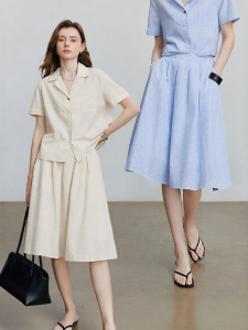 Toyouth | Bộ Váy Xếp Ly Sọc và Áo Blouse Mới Cotton Cho Mùa Hè