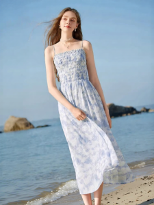 XIANGYING | Beach Style Slimming Flower Print Spaghetti Strap Chiffon Dress 1piece