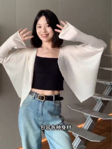 สีขาวถักผ้าไหมน้ําแข็งเสื้อสเวตเตอร์ถักแขนยาวป้องกันแสงแดดOuterwearสําหรับผู้หญิงฤดูร้อนหลวมFitบางเสื้อกั๊กTopเสื้อผ้าคลุมไหล่