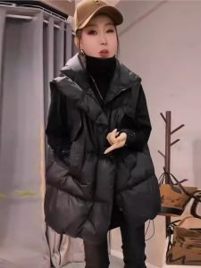 Loose Fit Thermal Black down Cotton Vest Womens Fashion Korean Style Autumn Winter Warm Mid-Length Jacket by Qiao Bi