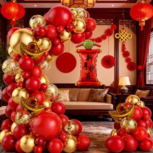104Pcs Chinese New Year Balloon Arch Set Happy New Year Banner Balloons Mini Ingot Balloons with Red and Gold Confetti Balloons Suitable for 2026 Chinese New Year Party Birthday 2026 New Years Eve Party Balloon Decorations