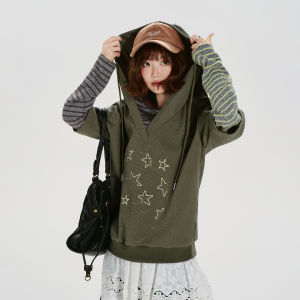 Giryhalo | Áo Hoodie Nữ Dáng Rộng Họa Tiết Sọc Giả Hai Lớp Phong Cách Retro Mỹ