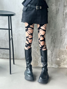 ถุงน่องลูกไม้คอตตอนสไตล์พังก์ผ้ากำมะหยี่ไม่สมมาตรแบบเจาะรู ทรงสลิมฟิต ถุงเท้าสำหรับผู้หญิง ถุงน่องสีพื้น ถุงน่องฤดูใบไม้ผลิ