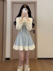 French Elegant Knitted Short Dress Slimming Fit for Short Women High Waist A-Line Silhouette Long Sleeve round Neck Color Block