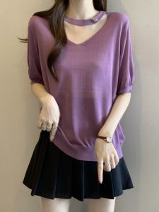 Purple V-Neck Hanging-Neckline Ice Silk Short Sleeve T-Shirt Plus Size