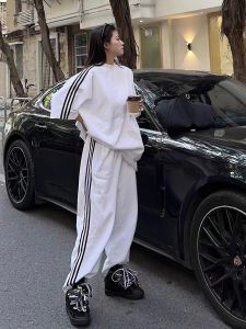 Womens Sportswear Set Summer Loose Fashion Pure Cotton Short Sleeve Long Pants Casual Two-Piece Set Running Trendy