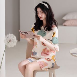 MiiOW | Bộ đồ ngủ cotton nguyên chất cho nữ mùa hè 2025 Áo thun cổ tròn tay ngắn quần short hoạt hình dễ thương mặc ở nhà và ngoài trời