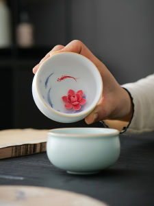 Handmade Flower Pottery Lid Cup Owner Cup Ruyao Hand Drawing Single Cup Tea Drinking Cup Personal Tea Cup Tea Bowl