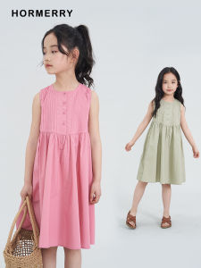 Hormerry Kids Summer New Style Sleeveless A-Line Dress Cotton Pure Color Mid-Length Skirt for Girls Style Daily Wear