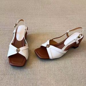 French Soft Leather Camellia Decorative Square Open-Toe Sandals Womens Summer Block Heel Non-Slip Straight Strap Buckle Middle Heel Shoes
