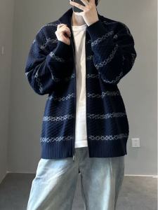 Áo Len Dệt Kim Màu Xanh Lam Kẻ Sọc Cổ Đứng Cho Nam Mùa Thu Đông Phong Cách Nhật Bản Đơn Giản Áo Khoác Cardigan Hở Cổ