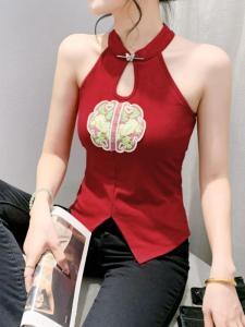 Elegant Embroidered Neckline Vest Womens Sleeveless Summer Outerwear Shoulder Baring New Chinese Style Slimming plus Size Top