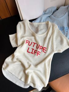 Áo thun AMILUCK nữ làm bằng vải dệt kim họa tiết thêu chữ dài tay thoáng khí