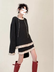 Fashionable Knitted Half Skirt Set for plus Size Women Casual Style Loose Fit Autumn Collection Cotton Fabric round Neckline