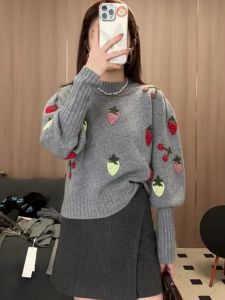 BINKAFENNY | Gray Round Neck Knitted Sweater Womens Thickened Soft Stitched Strawberry Embroidery Lazy Style Top For Autumn Winter