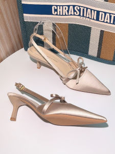 French Butterfly Knot Satin Sharp Head Sandals Summer Thin Heel New Style One Strap Nude High Heels Fashionable Low Cut Slip-On