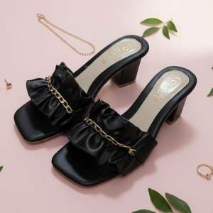 ✨TTFS✨ Elegant Ruffle Chain Heels 5cm | Premium Ladies Slip-On Sandal | Comfortable Daily Dress Shoes ML84