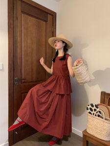 Korean Style Minimalist Summer Red Cotton Linen Sleeveless Vest with Half Skirt Two Piece Set for Young Women 18-25 Years Old
