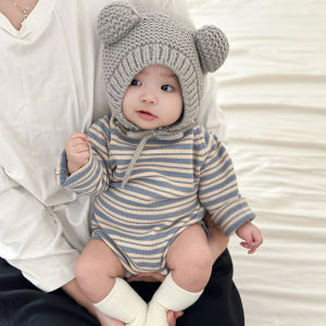Newborn Autumn Knitted Onesie Baby Simple Stripe Bottom Wrap Boys Full Month Outing Crawling Suit Long Sleeve Dark Button
