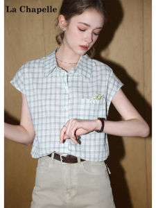 La Chapelle | Color Block Plaid Turn-Down Collar Short Sleeve Shirt Slim Fit For Petite Women
