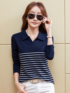 Stripes Tops Womens Long-Sleeved Lapel Fall and Winter Pure Cotton All-Match T-shirt Polo Shirt Fashion Silm Collar Bottoming Shirt
