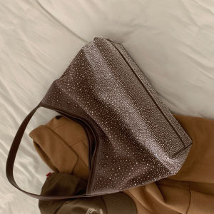 กระเป๋าสะพายไหล่ผู้หญิงความจุขนาดใหญ่ดีไซน์หรูหรา กระเป๋าทรง Tote ประดับเพชรใหม่ 2023 แฟชั่นสำหรับเดินทาง กระเป๋าหนัง PU ซิป